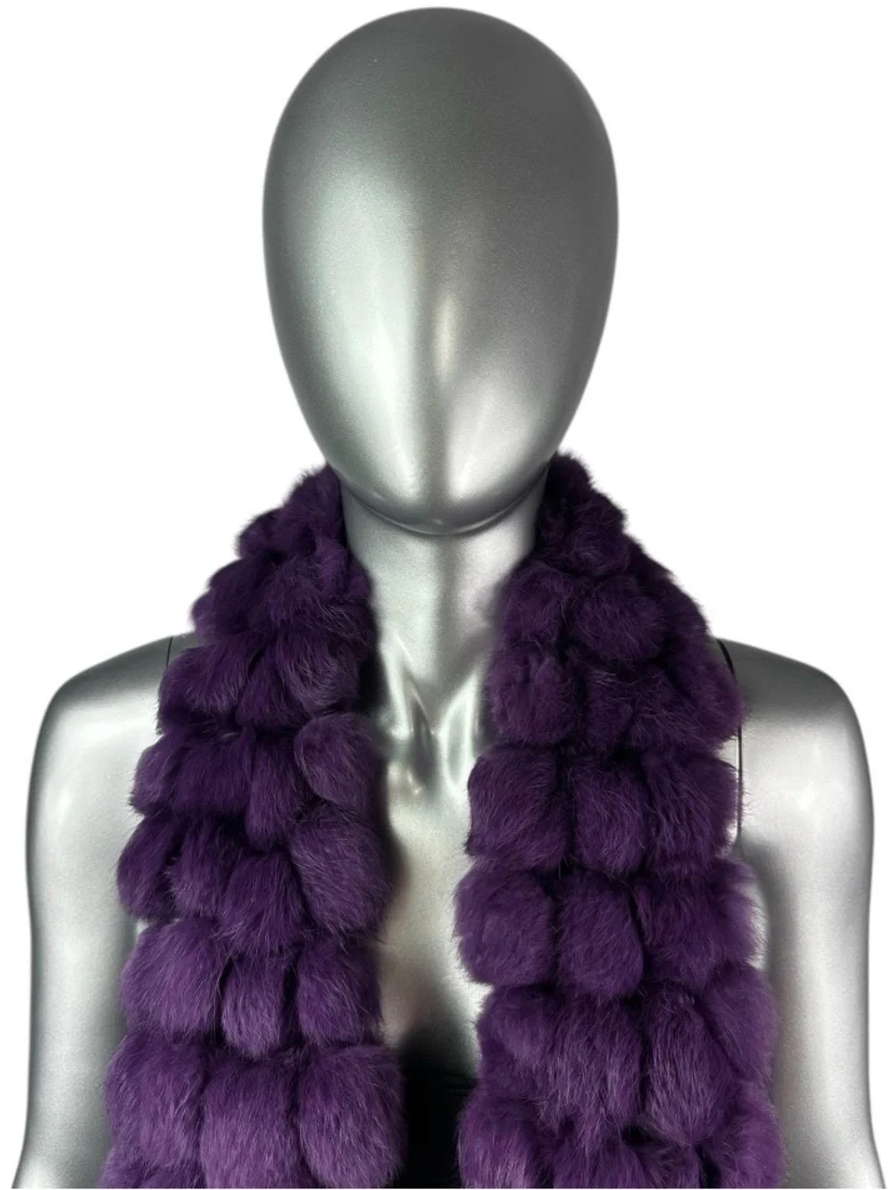 Purple RABBIT Scarf w/POM POMS Size 47”L, Certified Vintage Fur